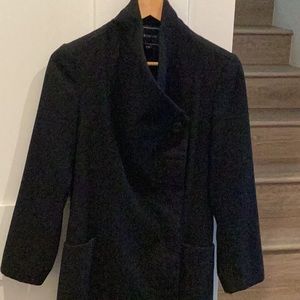 Ronen Chen Black Asymmetrical button open structured cowl neck coat in size 4.